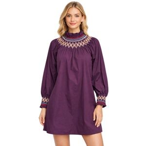 Tuckernuck Pomander Place Wrenley Smocked Dress XS Plum Embroidered Ruffle
